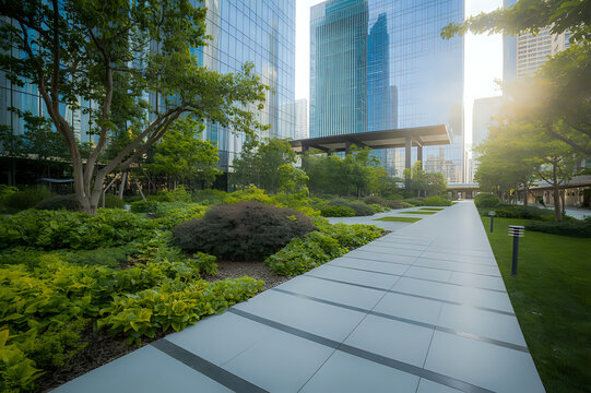 Modern urban landscape with greenery pathway and glass buildings at sunset