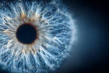 Detailed macro image of a human eye with intricate patterns and textures in shades of blue and brown