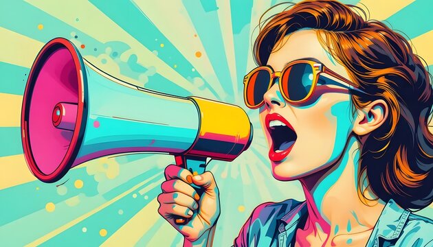 Woman shouting through megaphone with vibrant pop art style
