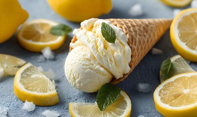 Lemon ice cream in a cone, surrounded by lemon slices, Generative AI