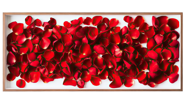 Red rose petals in a white wooden box