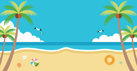 夏の海とヤシの木とビーチが描かれたイラスト　バナー背景　ヘッダー背景