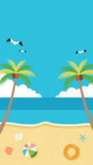 夏の海とヤシの木とビーチが描かれたイラスト　バナー背景　ヘッダー背景