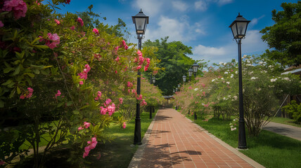 Charming Brick Path Lined with Blooming Trees and Elegant Black Lampposts Under a Blue Sky