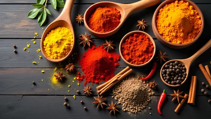 Tableau sur plexiglas Cuisine Assorted Colorful Spices on Rustic Wooden Background with Vintage Spoons – Warm Gourmet Flat Lay  © Aran