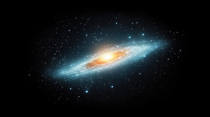 Glowing spiral galaxy with radiant golden core surrounded by vibrant blue gas and countless stars, set against vast blackness of space, creating mesmerizing cosmic scene