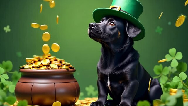 A cheerful dog dressed as a leprechaun holding a pot overflowing with golden coins against a background filled with numerous green shamrocks, celebrating St. Patrick's Day