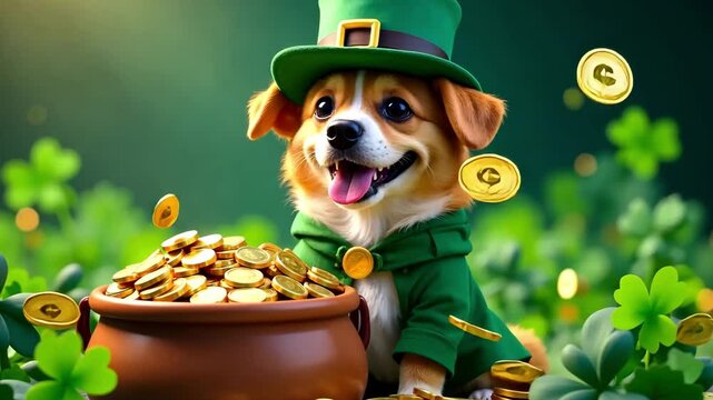 A cheerful dog dressed as a leprechaun holding a pot overflowing with golden coins against a background filled with numerous green shamrocks, celebrating St. Patrick's Day