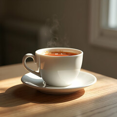 Fototapeta premium A steaming cup of tea on a saucer by a window in sunlight