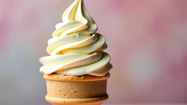 A tempting swirl of pink soft serve ice cream in a crispy cone against a pastel background.