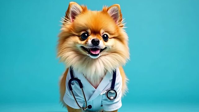 Little dog as a vet wearing robe and stethoscope - isolated over a blue background illustration , no logos, no brands