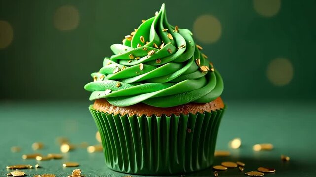 Festive cupcake with green frosting and sprinkles.