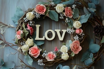 detailed picture of a floral wreath with the word quot love quot on it