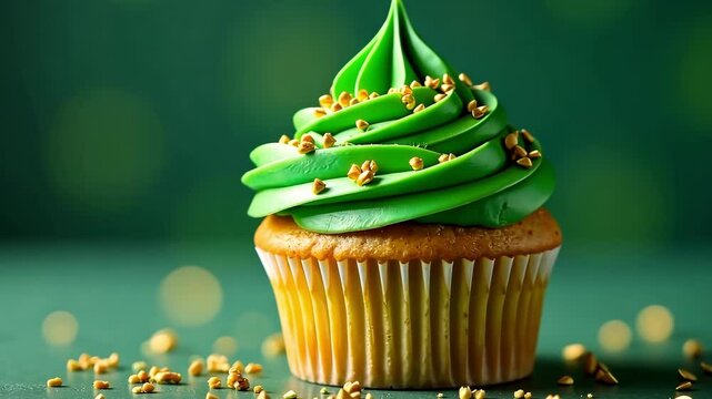 Festive cupcake with green frosting and sprinkles.