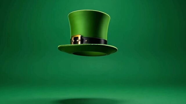 St. Patrick's Day background with flying green Leprechaun hat with clover and flying gold coins. Shamrocks festive atmosphere concept of luck, Irish culture