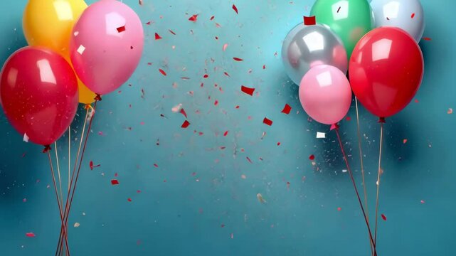 Empty white table top in front, blurred happy birthday party decoration background. Celebration blank scene with colorful balloons. Podium, pedestal, shelf 