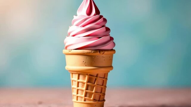 A tempting swirl of pink soft serve ice cream in a crispy cone against a pastel background.