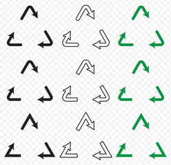 Big Set of Recycle plastic symbol. Plastic recycle icons. Icon of pp, pet, hdpe, ldpe and pvc. Triangle logo for safety and ecology. Black icons isolated on Transparent Background. EPS 10.
