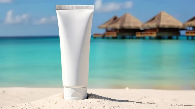 Blank cosmetic tube on tropical beach background