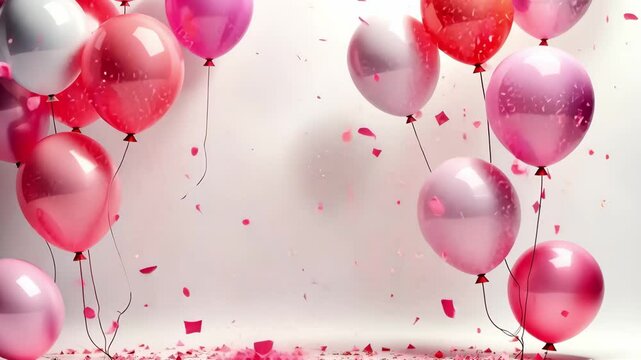 Empty white table top in front, blurred happy birthday party decoration background. Celebration blank scene with colorful balloons. Podium, pedestal, shelf 