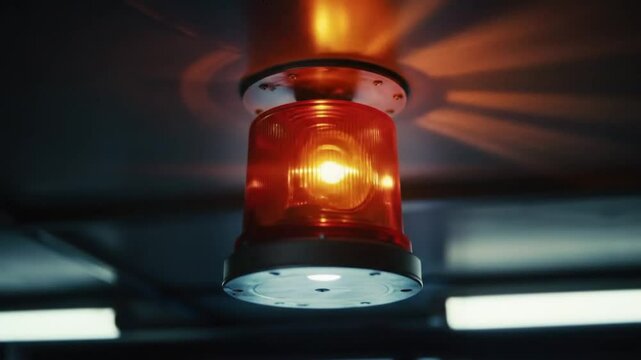 Looping video of a realistic emergency warning light flashing in alternating orange and red tones. The light source is a rotating or strobe-style beacon, mounted on a wall or ceiling 