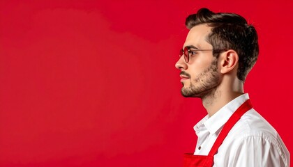 Obraz premium Young Man in Red Apron, Profile, Red Background - Minimalism