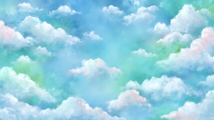 Dreamy sky illustration featuring fluffy clouds and a soft color palette of blues, greens, and pinks