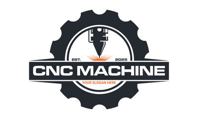 Laser cutting logo with circular gear design silhouette isolated. CNC machine logo emblem template