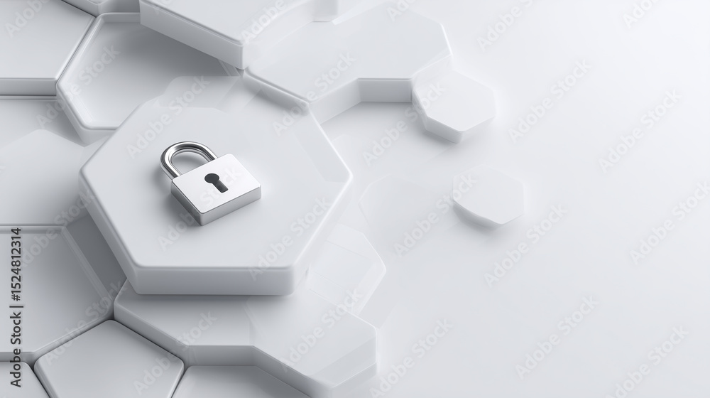 Poster modern security concept with padlock on white hexagonal background representing data protection and 