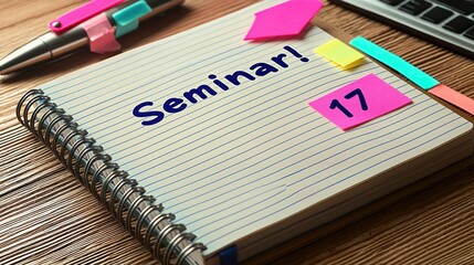 Seminar Reminder,  Notebook with sticky notes indicating the date and the word Seminar written on it.