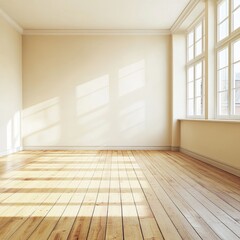 Sunlit empty room with hardwood floors and large windows (12)