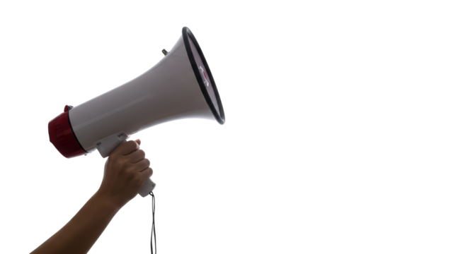 Person holding a white and red megaphone against a black background to amplify their voice clearly.