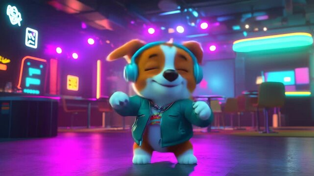 Dancing Dog in a Party Room with Colorful Lights