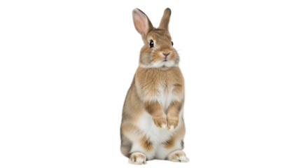 A cute brown rabbit stands upright on its hind legs against a plain black backdrop, whimsical pose.