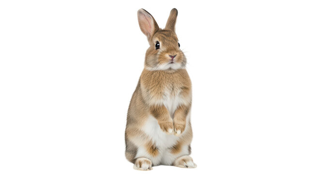A cute brown rabbit stands upright on its hind legs against a plain black backdrop, whimsical pose. - Powered by Adobe