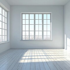 Obraz premium Sunlit empty room with white walls, large windows, and light wood floor