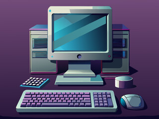 Fototapeta premium vector of Silver desktop computer and keyboard on dark background