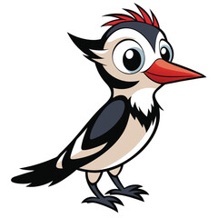Cartoon woodpecker with red crested head looks forward in a art