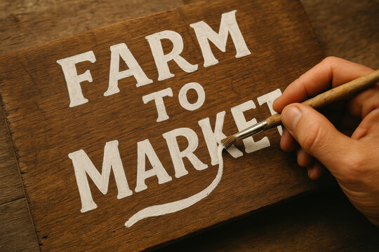 Hand painting a rustic farm to market wooden sign for agricultural produce and local food promotion - Powered by Adobe