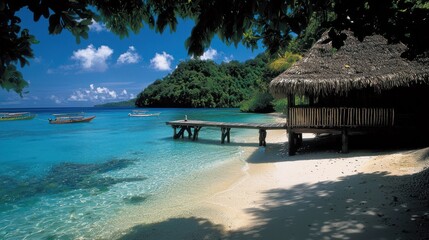 Fototapeta premium Tropical Paradise, Hut on the Beach, Crystal Clear Water