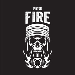 Vintage illustration of a piston with a skull head and flames