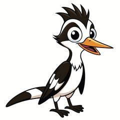 Cartoon woodpecker with spiky hair and big eyes stands cheerfully against a white background