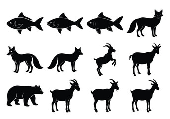 Silhouettes of Fish, Foxes, Goats, and Bear – Animal Vector Illustration Collection on white background