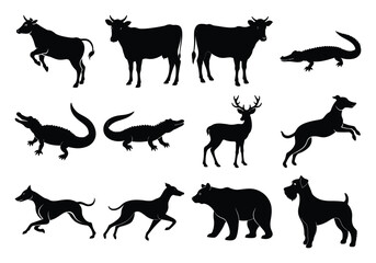 Silhouette Set of Animals Including Cats, Monkeys, Camels, and Vector  Cows On white background