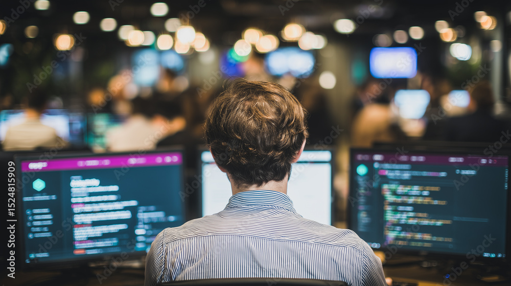 Poster the programmer's vantage: a dedicated programmer is immersed in the digital realm, surrounded by glo