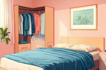 clear pixel visual of Stylish hotel bedroom interior with bed wardrobe and clothes. Mockup frame high detail