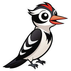 Cartoon woodpecker with black, white, and red feathers stands with an open beak