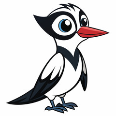Cartoon woodpecker character featuring black, white, and red colors stands against a plain background