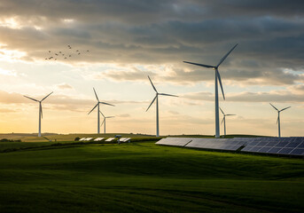 HDR Golden Hour Renewable Energy Landscape with Wind Turbines and Solar Panels