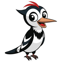 Cheerful cartoon woodpecker with red crest shows a welcoming smile on a white backdrop